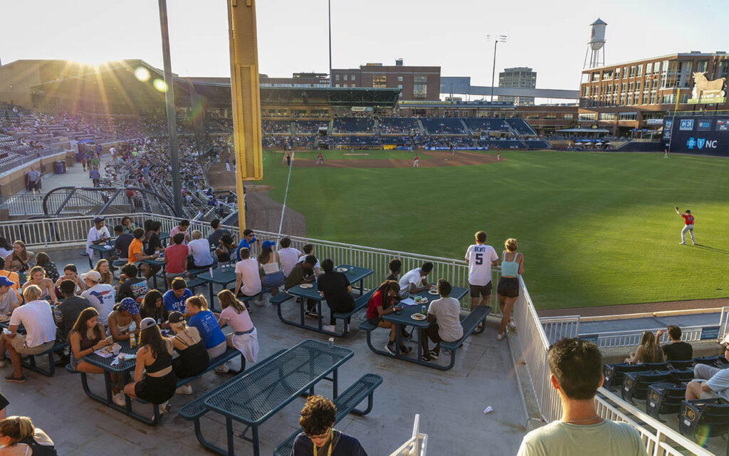 An overhead shot of the outfield seats at the Durham Bulls Athletic Park