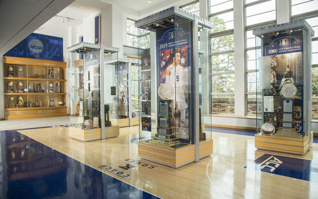 Game worn jerseys, championship rings and balls, Coach K awards, and player trophies, among other memorabilia, adorn the Duke Basketball Museum in Schwartz-Butters Athletic Center and Cameron Indoor Stadium.