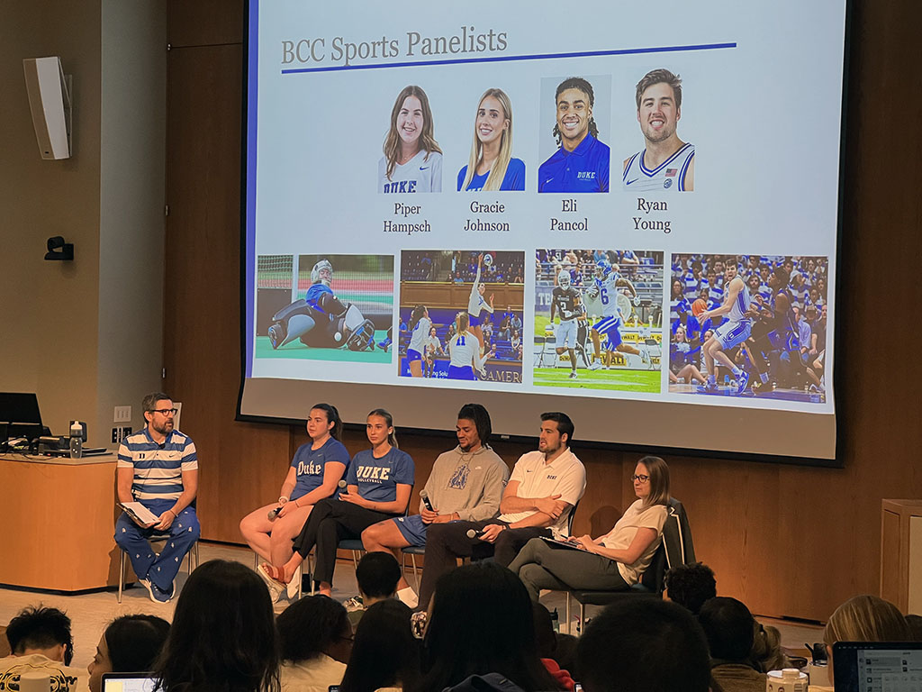 A panel at BCC program at Duke University's Fuqua School of Business. Associate Dean Steve Misuraca, MMS Program Director Allie McClarnon and four student-athletes participate in panel.