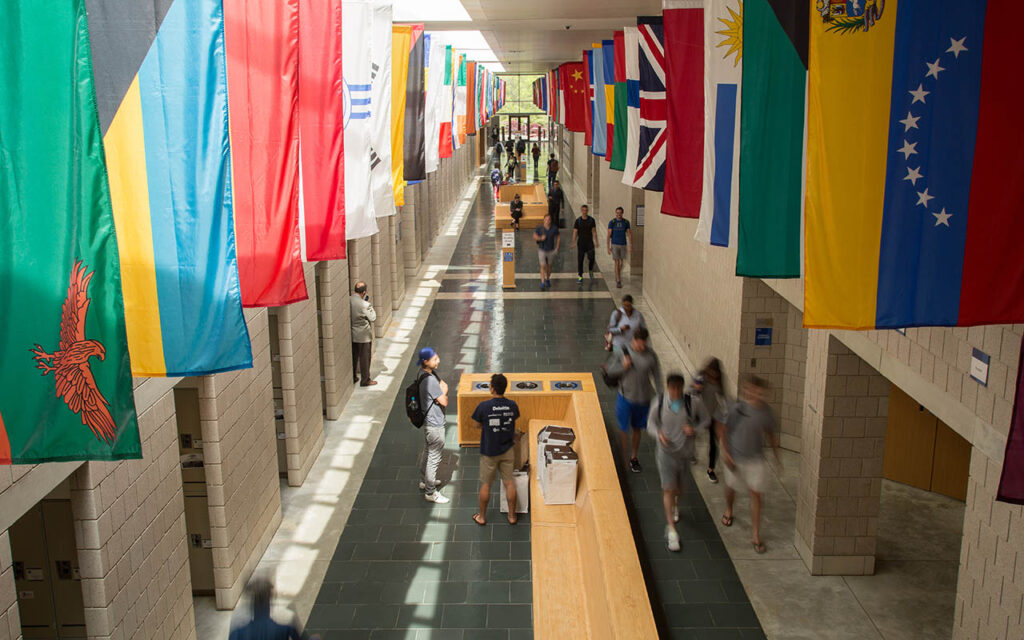 The Hall of Flags at Duke University's Fuqua School of Business