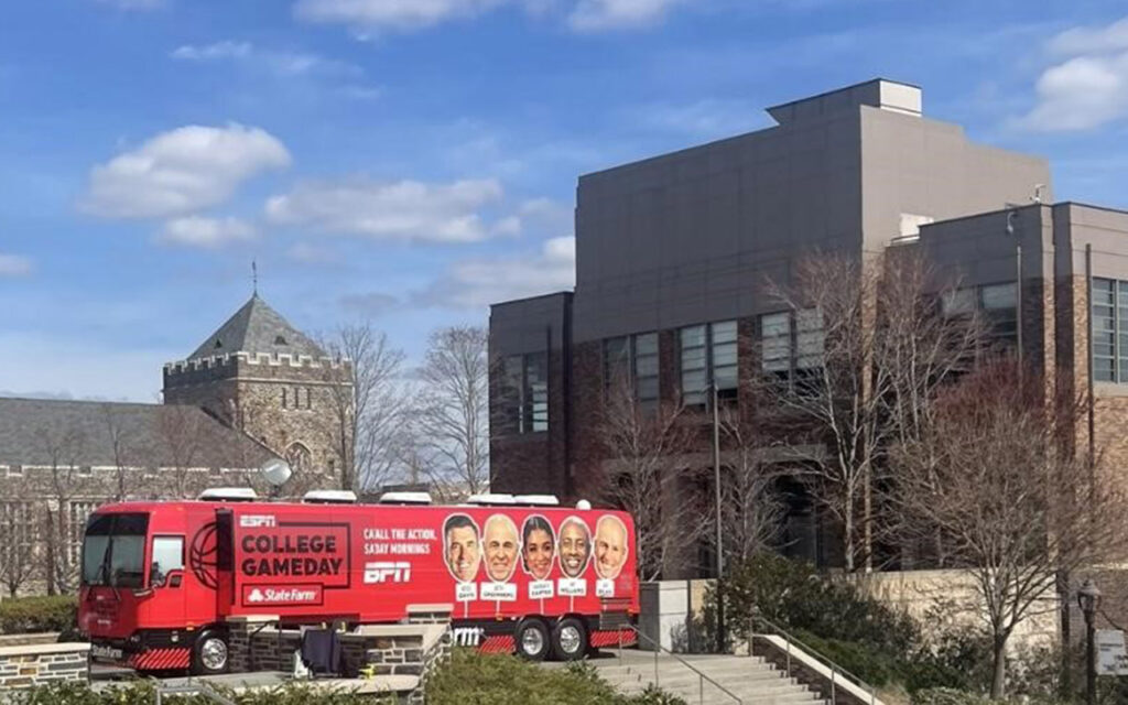 The ESPN College GameDay semitruck parked outside Cameron Indoor Stadium on Duke University's campus