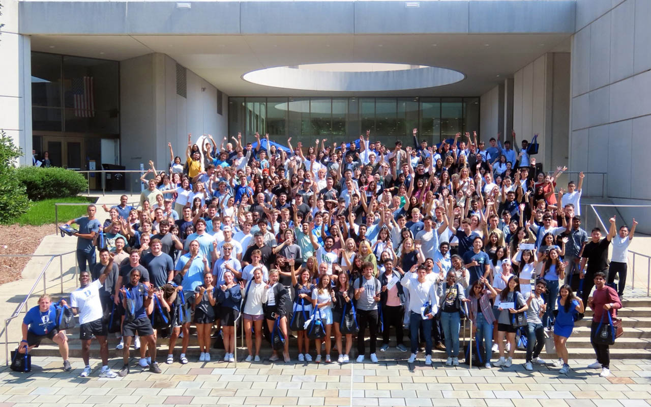 Caroline DeBellis, an MMS student at Duke University's Fuqua School of Business with the MMS Class of 2024 on Orientation Day