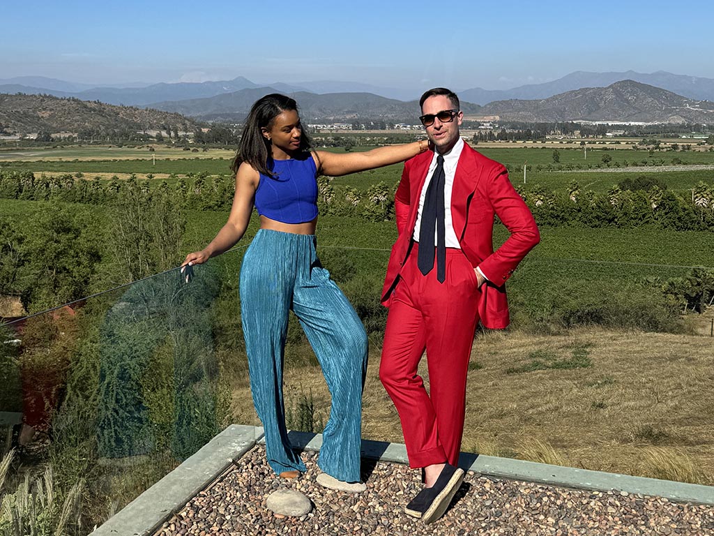 Trillion Small and a classmate at a Chilean winery overlook the landscape