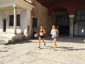 Caitlin Bullock and Katie Read running back to the hotel after a visit to the Hagia Sofia in Istanbul