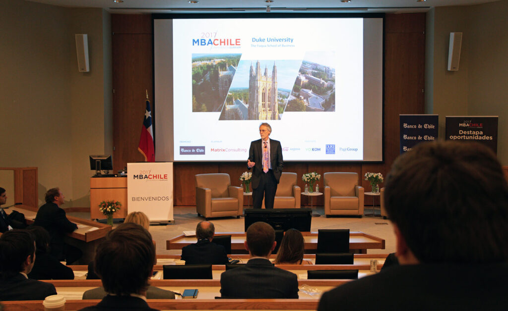 Dean Bill Boulding speaking to a auditorium of MBA Chile attendees