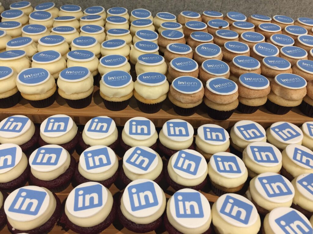 dozens of cupcakes for new employees in LinkedIn internships