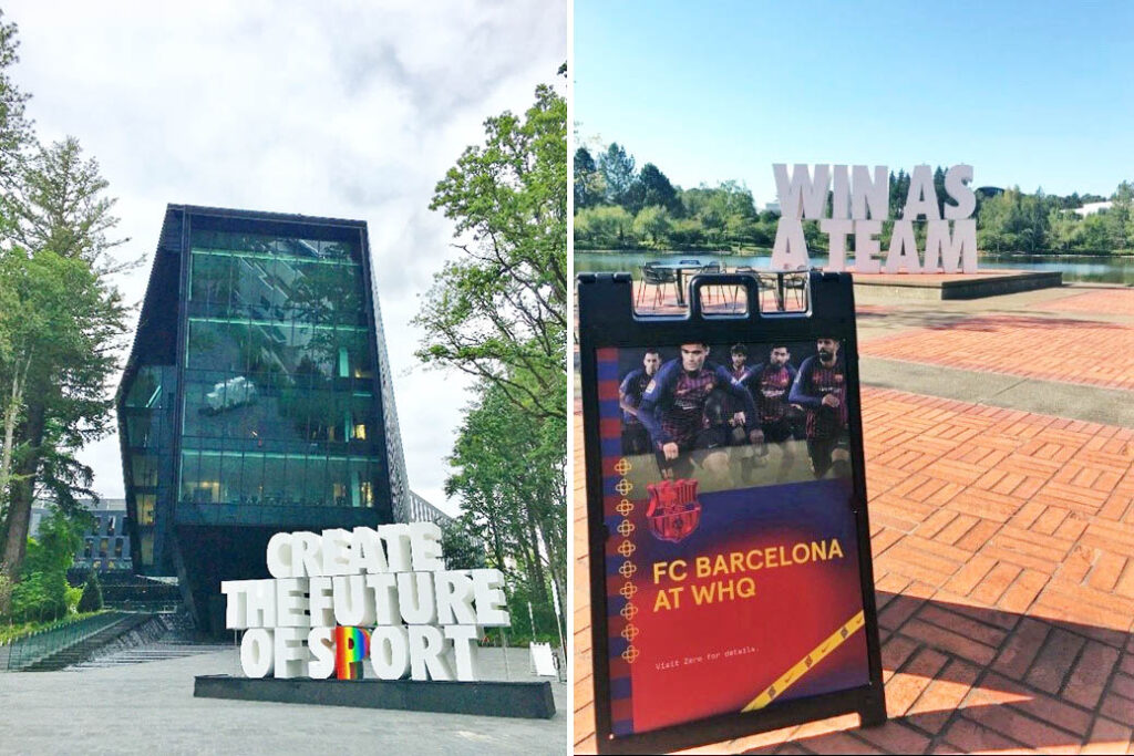 two photo collage of some of buildings and motivational messages like "Win as a Team" that can be found around campus, Nike internship