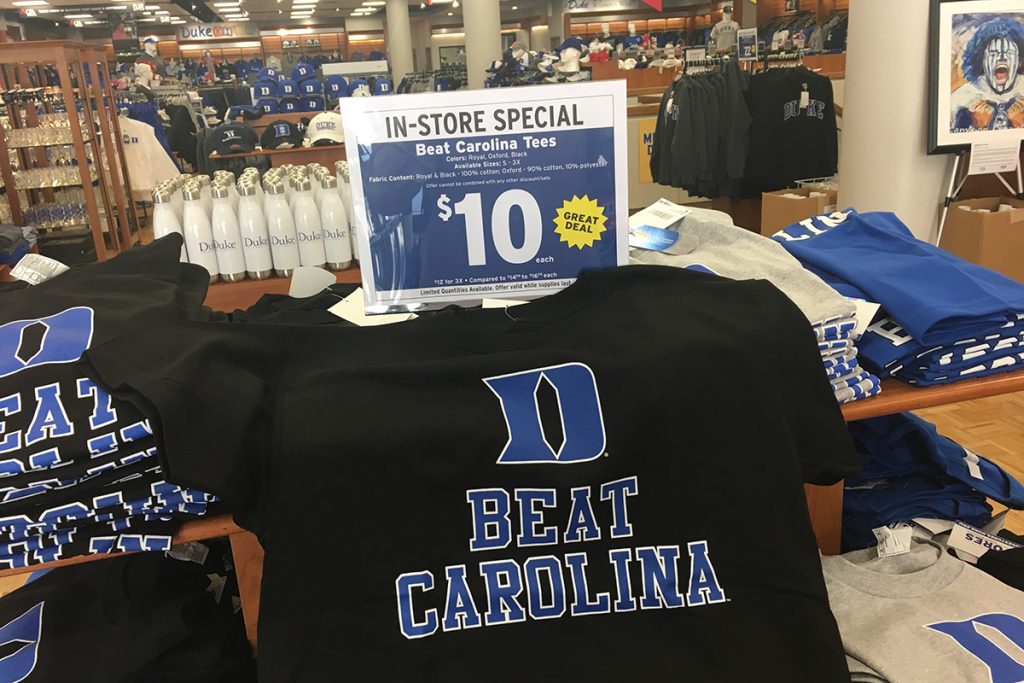 a "beat Carolina" shirt in the Duke Student Store, scenes of basketball at Duke