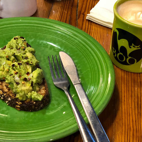 avocado toast and coffee at Parker and Otis, one of Lily's brunch recommendations