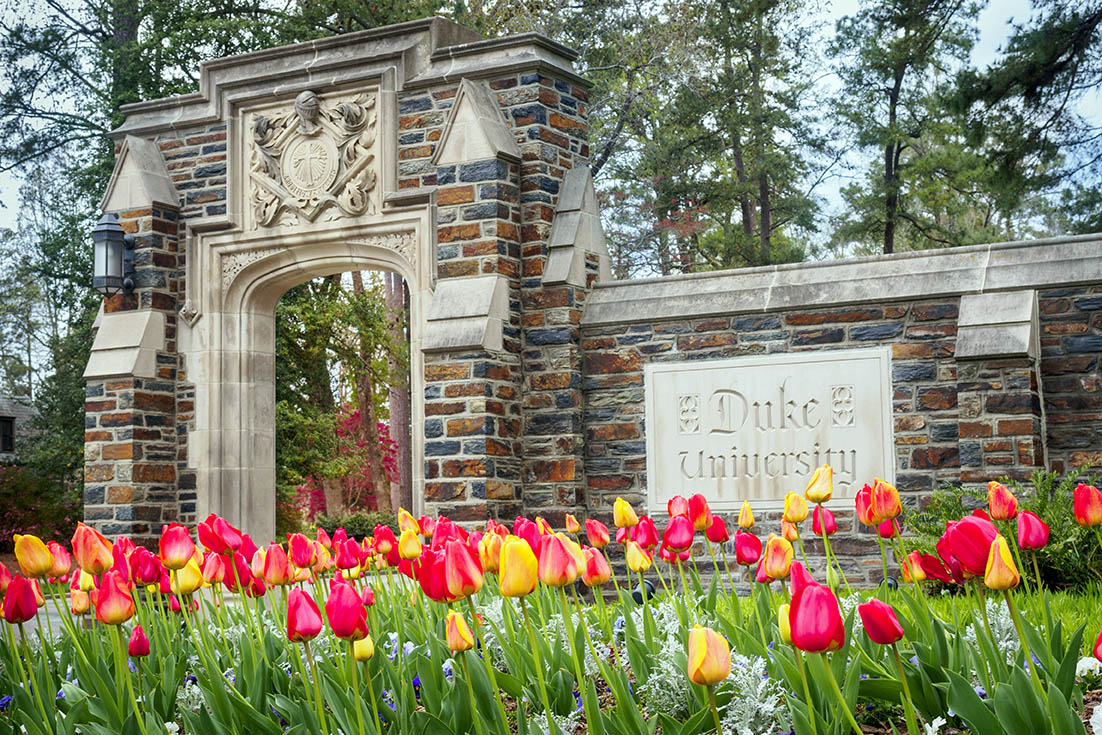the Duke sign at the entrance of Chapel Drive; one year at Duke